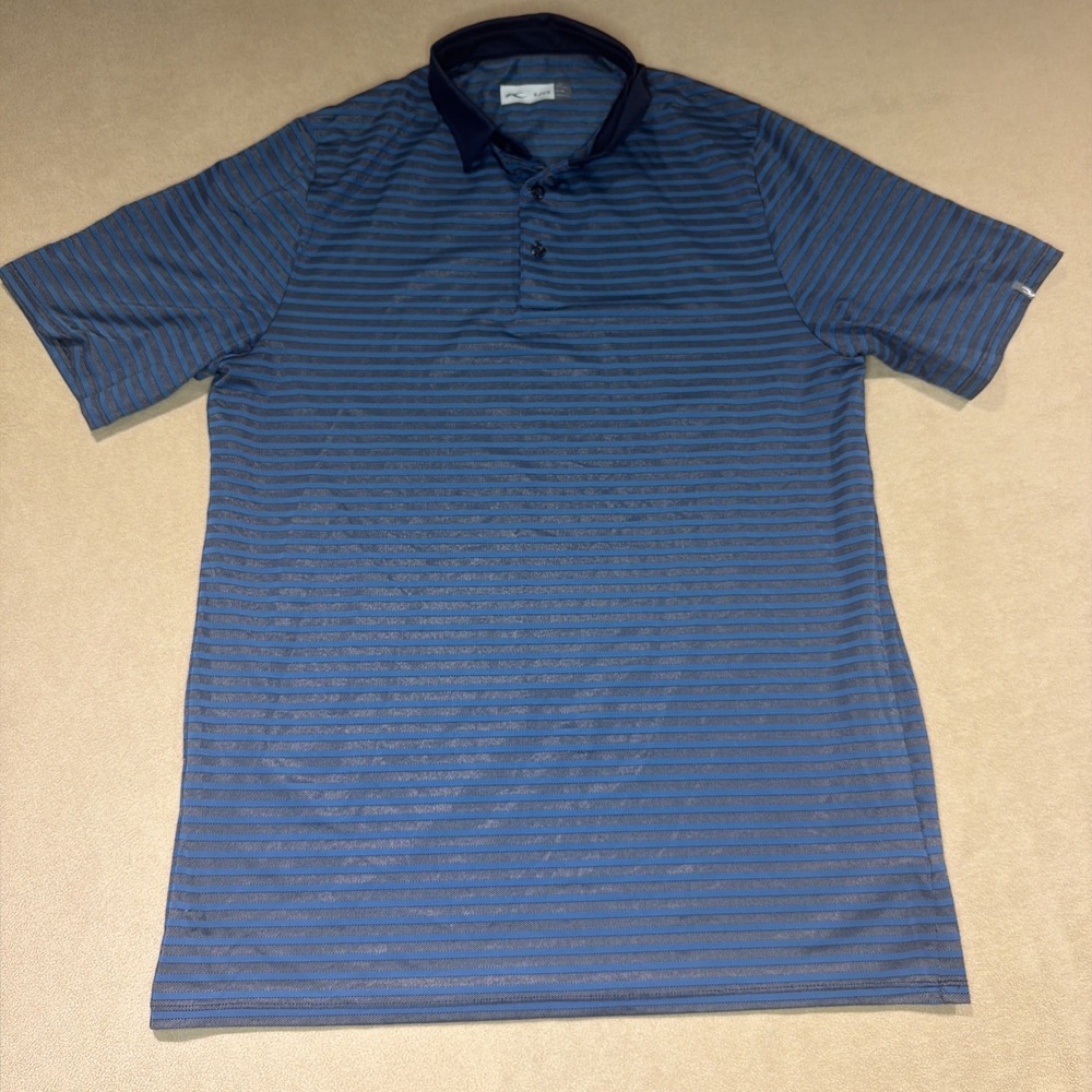 Kjus Golf Polo Shirt Men Medium 50 Blue Black Luis Stripe Button UPF 50 Stretch